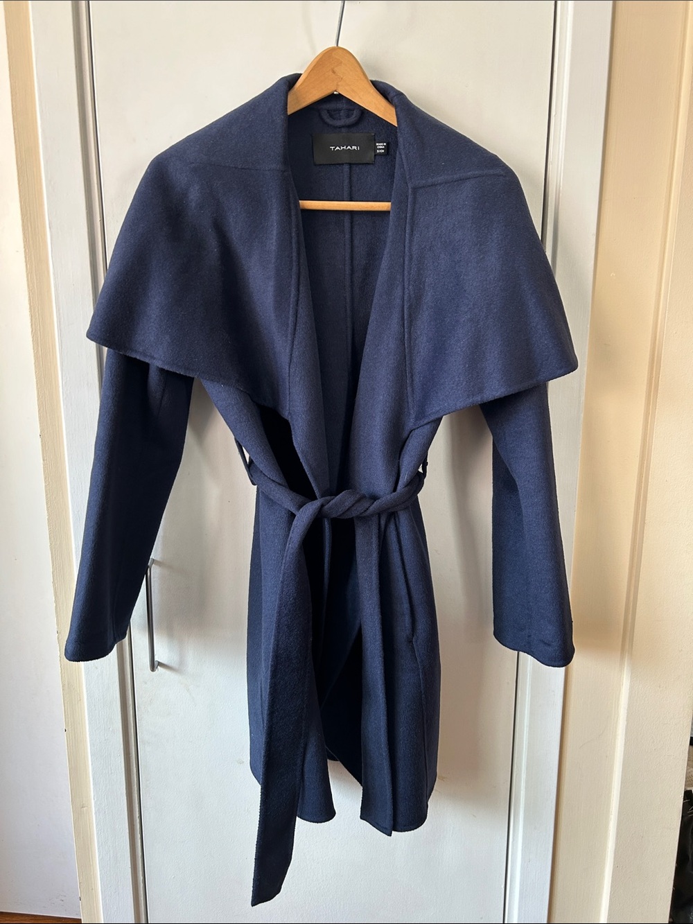 Tahari Navy Blue Wrap Jacket Coat with Belt and Shawl Collar